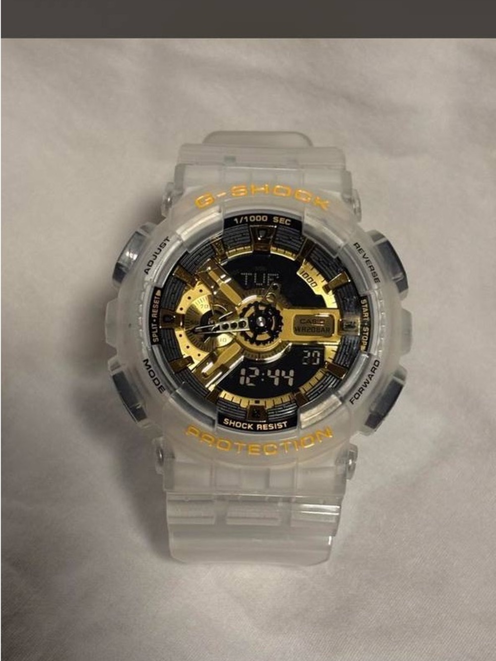 G-Shock Translucent Clear Watch with Black and Gold Dial